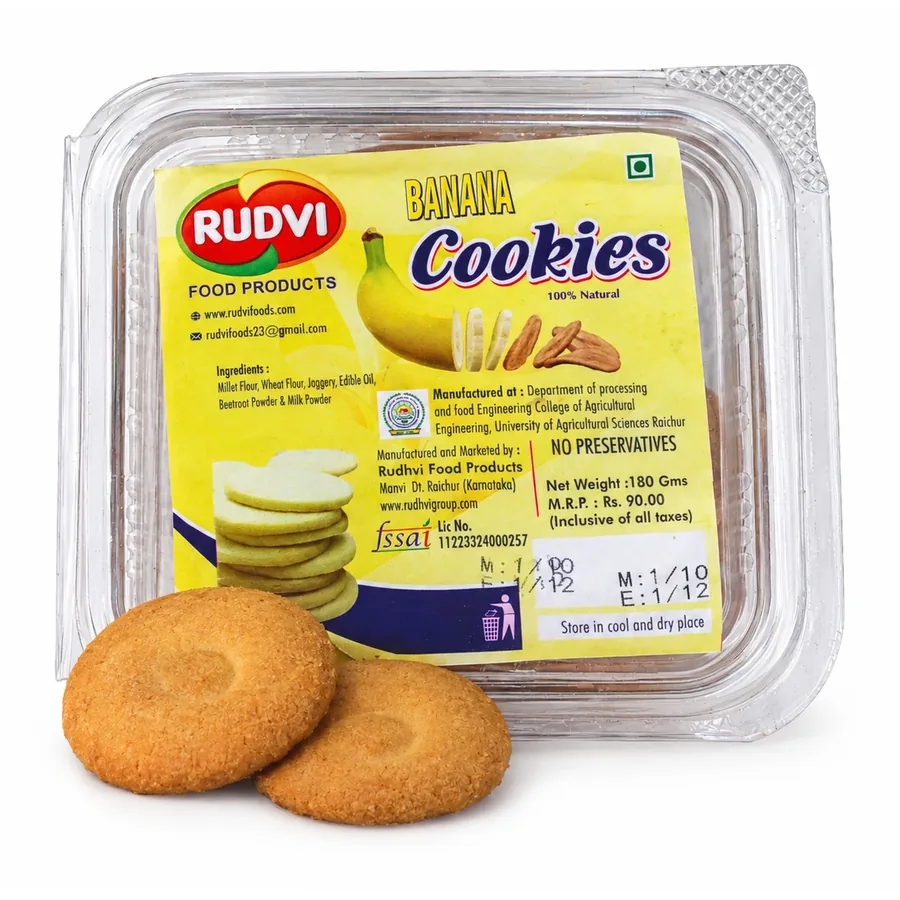 Rudvi Banana Cookies box with cookies